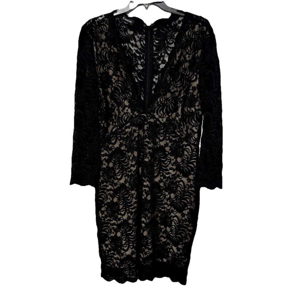 Y2K Bebe XL Blk ivory lace overlay deep vneck scallop top dress Evening Siren - Picture 6 of 13
